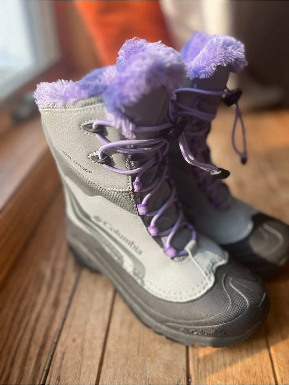 Kids Waterproof Snow Boots in Gray with Lavender Fur Trim